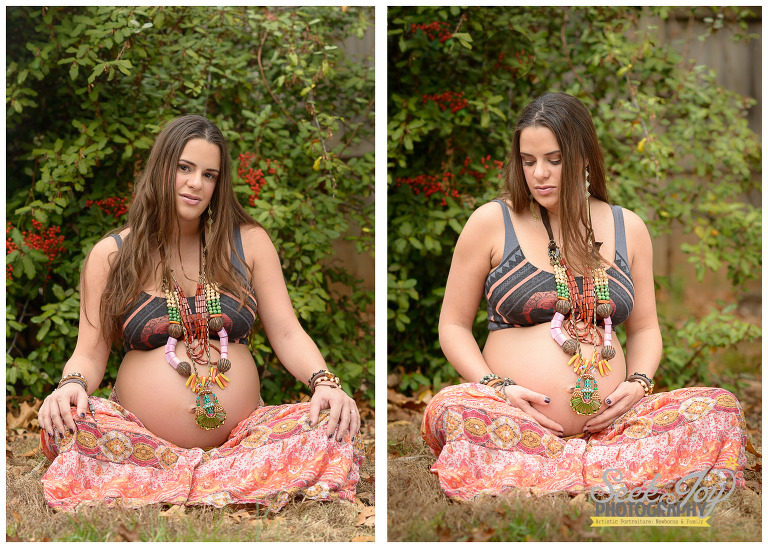 pregnant mother with african skirt and jewelry showing belly