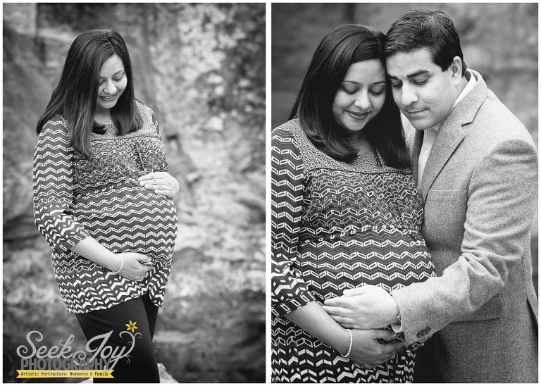 black and white maternity portrait at rock quarry garden in greenville sc